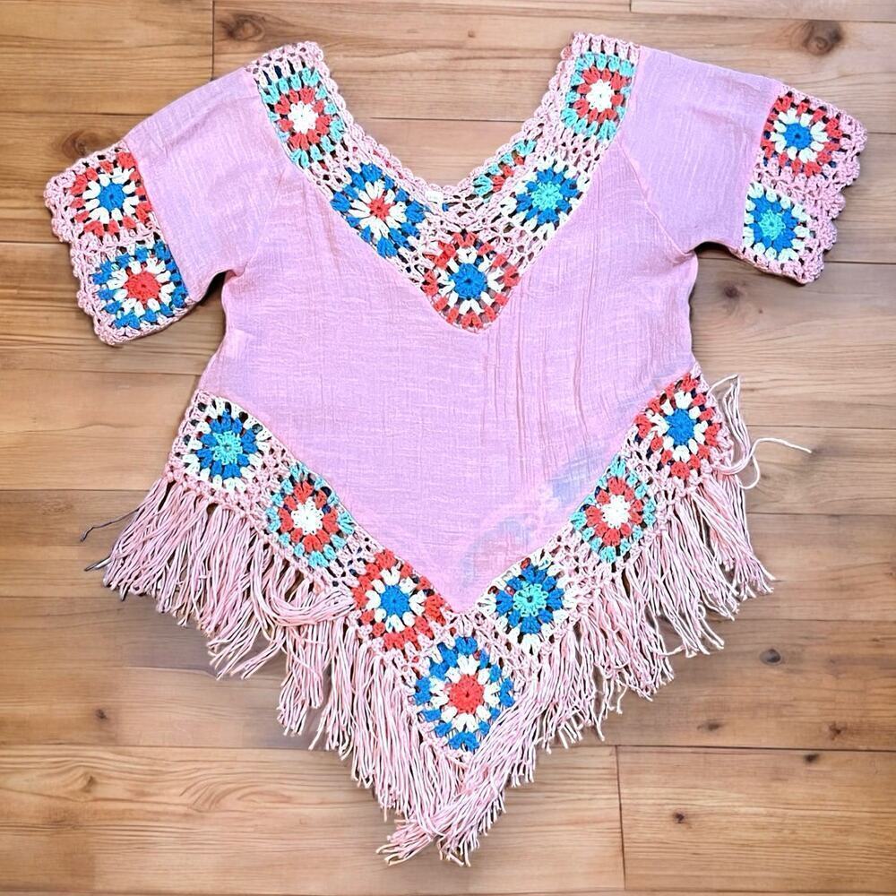 Shoreline Blouse Womens Pink Crochet Crepe Granny Square Size L/XL RUNS SMALL